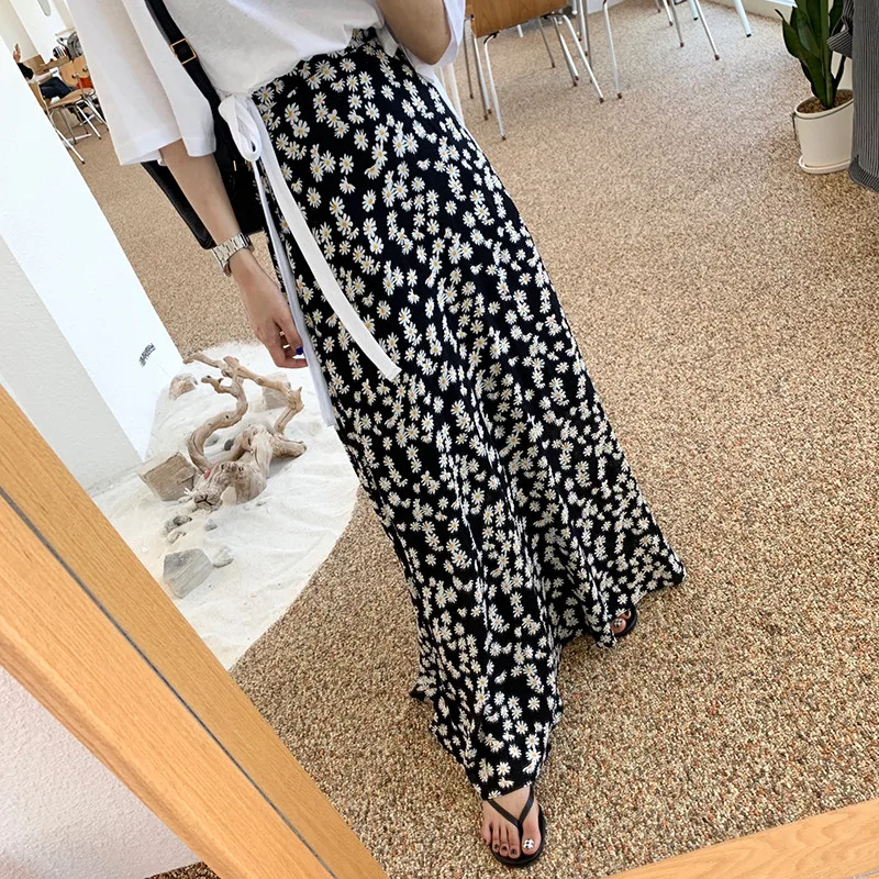 Korean Chic Summer Vintage High Waist Wild Little Daisy Chiffon Skirts Women Floral Print A Line Elegant Mujer Faldas Fashion