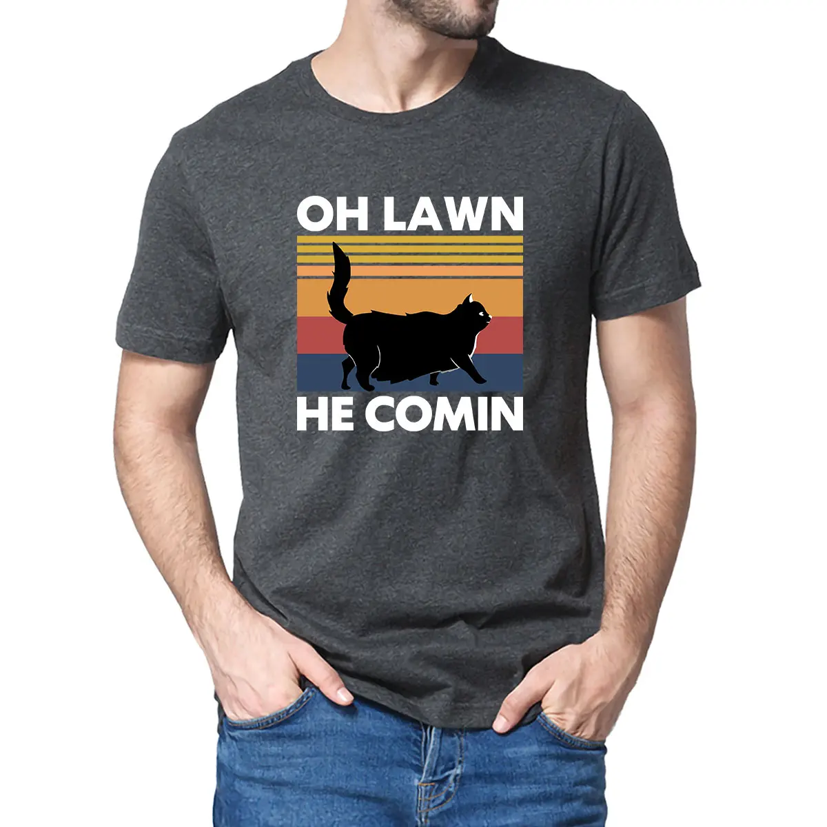 

Unisex 100% Cotton Black Cat Chonk Cat Oh Lawn He Comin Funny Gift Summer Men's T Shirt Women Soft Top Tee