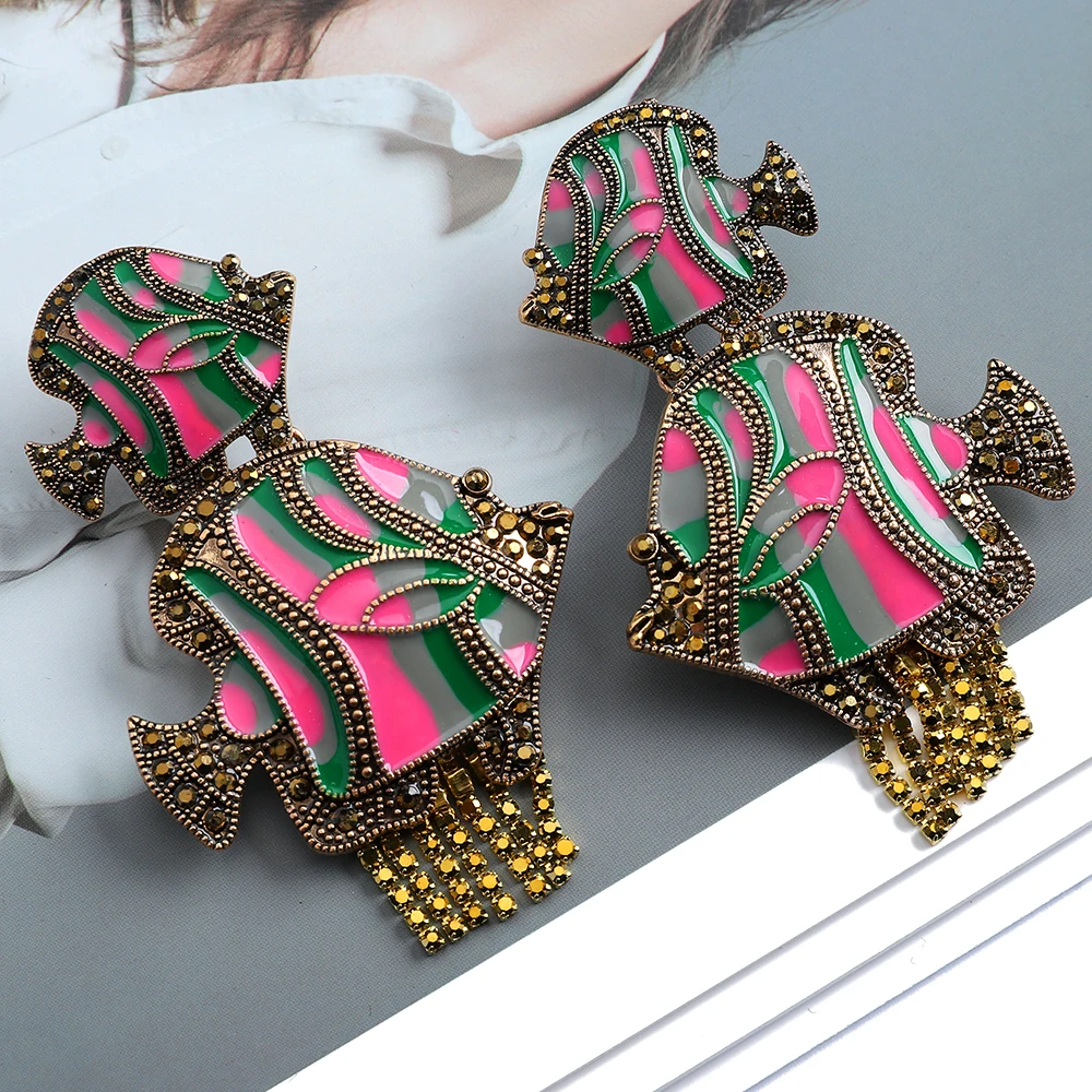 Pendientes colgantes de borla de doble pez esmaltado Vintage para mujer y niña, pendiente de declaración de Metal, accesorios de joyería de lujo,