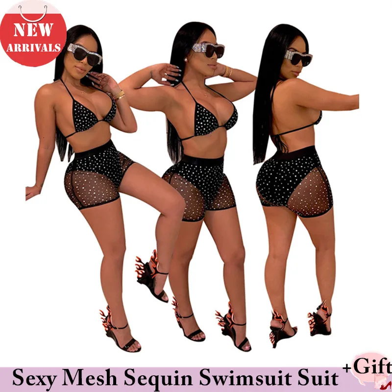 

Newest swimsuit Women Sexy Mesh sequined pants suit bikini swimsuit mujer Sexy Solid swimwear Beach spa Women Wear