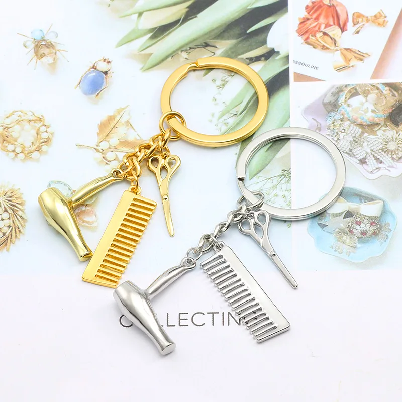 Cosmetologist Hair Dresser Silver Keychain Hair Dryer Scissor Comb Dangle Pendant Key Chain Car Ornament Accessories