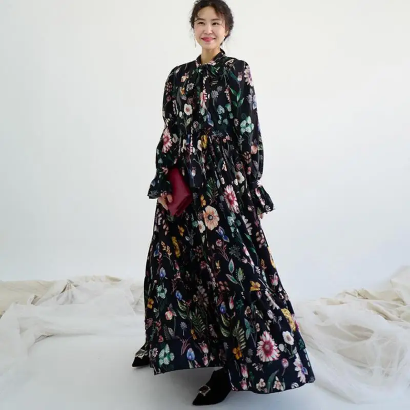 Elegant Dress Vintage Fashion Long Sleeve Closed Dress Women Flower Hit Color Neckline Tie Lotus Leaf Big Swing Dress