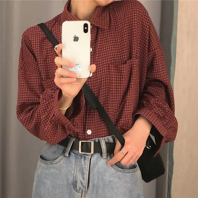 Shirts Women Retro Plaid College New Vintage Ulzzang All-match Pockets Button Up Tops Harajuku Spring Loose Students Popular Ins