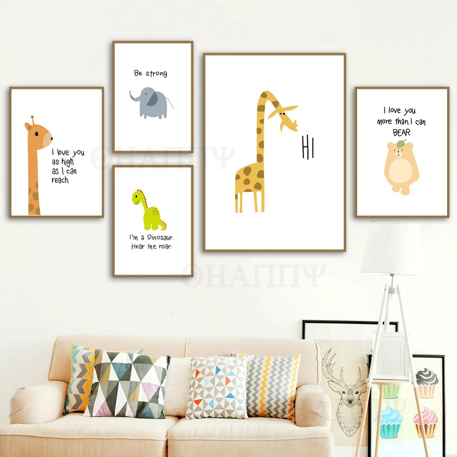 Cartoon Giraffe Dinosaur Elephant Bear Decor Wall Art Canvas Painting Nordic Poster Wall Pictures fo Kids Room Decorative