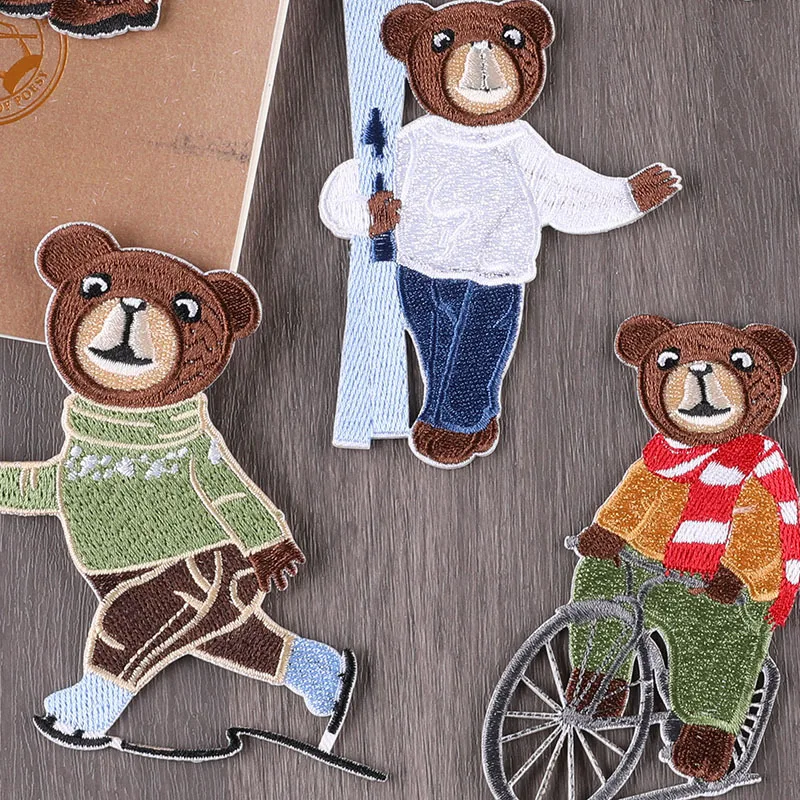 Self Adhesive Cartoon Bear Embroidered Iron on Patches for Clothes T-shirt Animal Applique Clothing Fabric Sticker Stripe Badge