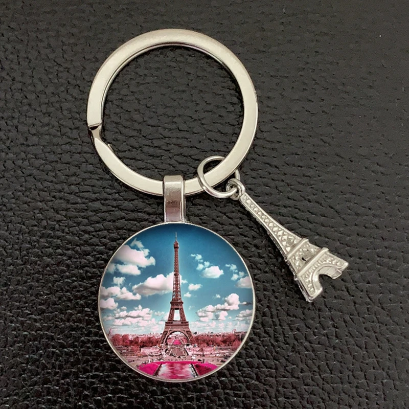 Romantic Paris Eiffel Tower Key Chains Art Lady Wander Drawing Design Glass Pendant Cute Keychain Keyring Women Bag Jewelry