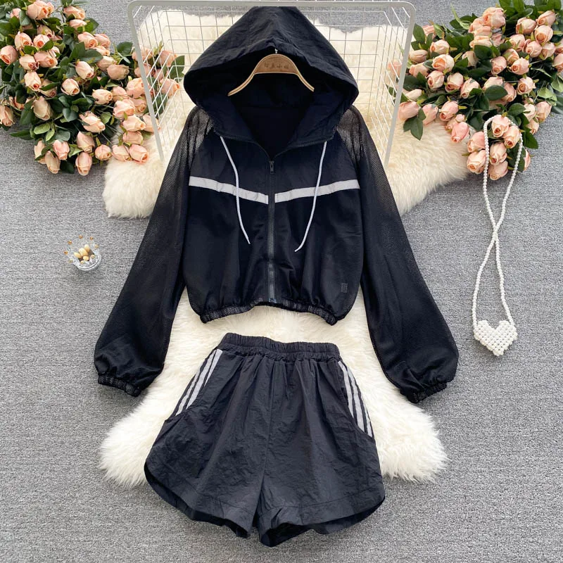 2PCS Sportswear Set Women\'s Casual Hoodies Jacket Hollow Out Long Sleeve Sunscreen Jacket Hot Short Wide Leg Pants Two-piece Set