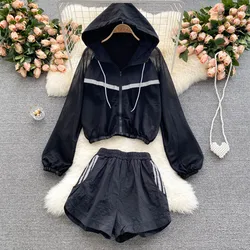 2PCS Sportswear-Set Frauen casual Hoodies Jacke Aushöhlen Lange Hülse Sonnencreme Jacke Heiße Kurze Breite Bein Hosen zwei-stück Set