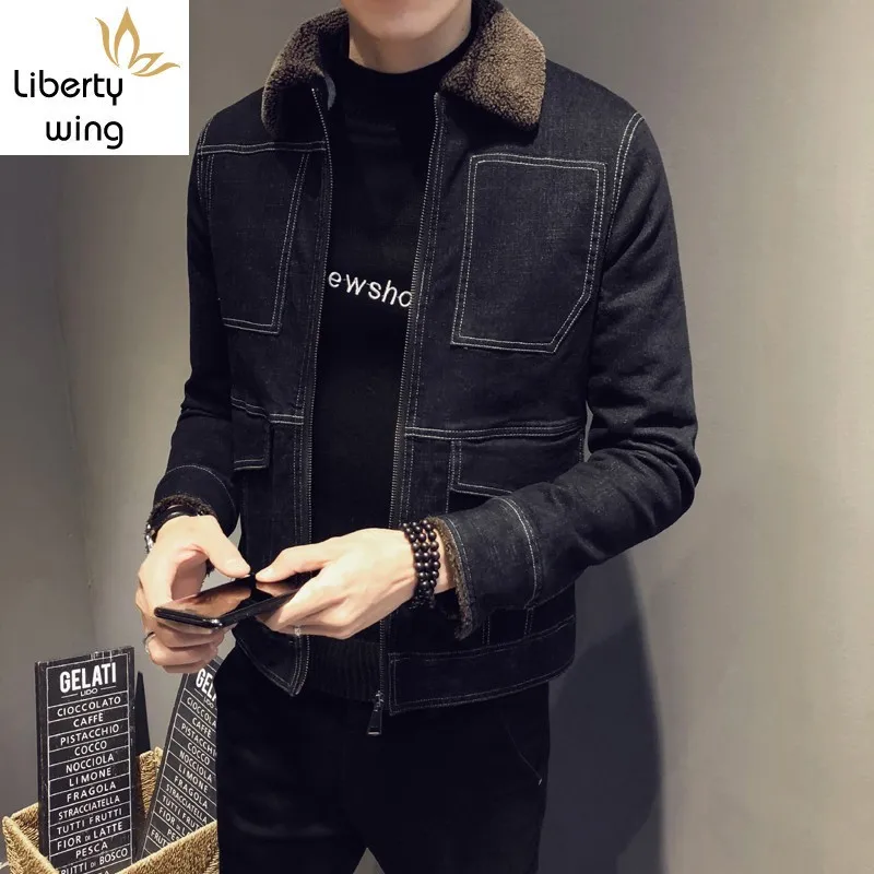 Winter Denim Coats Men Lining Casual Jackets Long Sleeve Lamb Fur Collar Thick Cowboy Outwear Chic Casaco Masculino Big Size