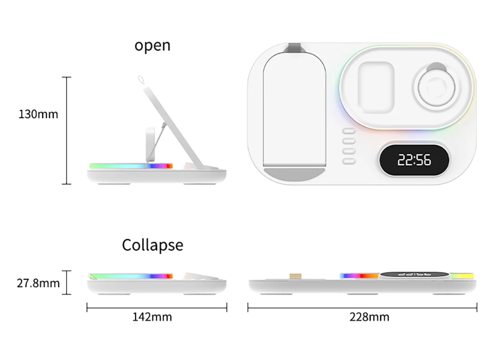 Kabelloses Ladegerät 4-in-1 Schnelle Kabellose Ladestation für iPhone 15 16 17 Pro Max Apple Watch Kabelloses Ladegerät mit Lampe und Uhr – Detail 20