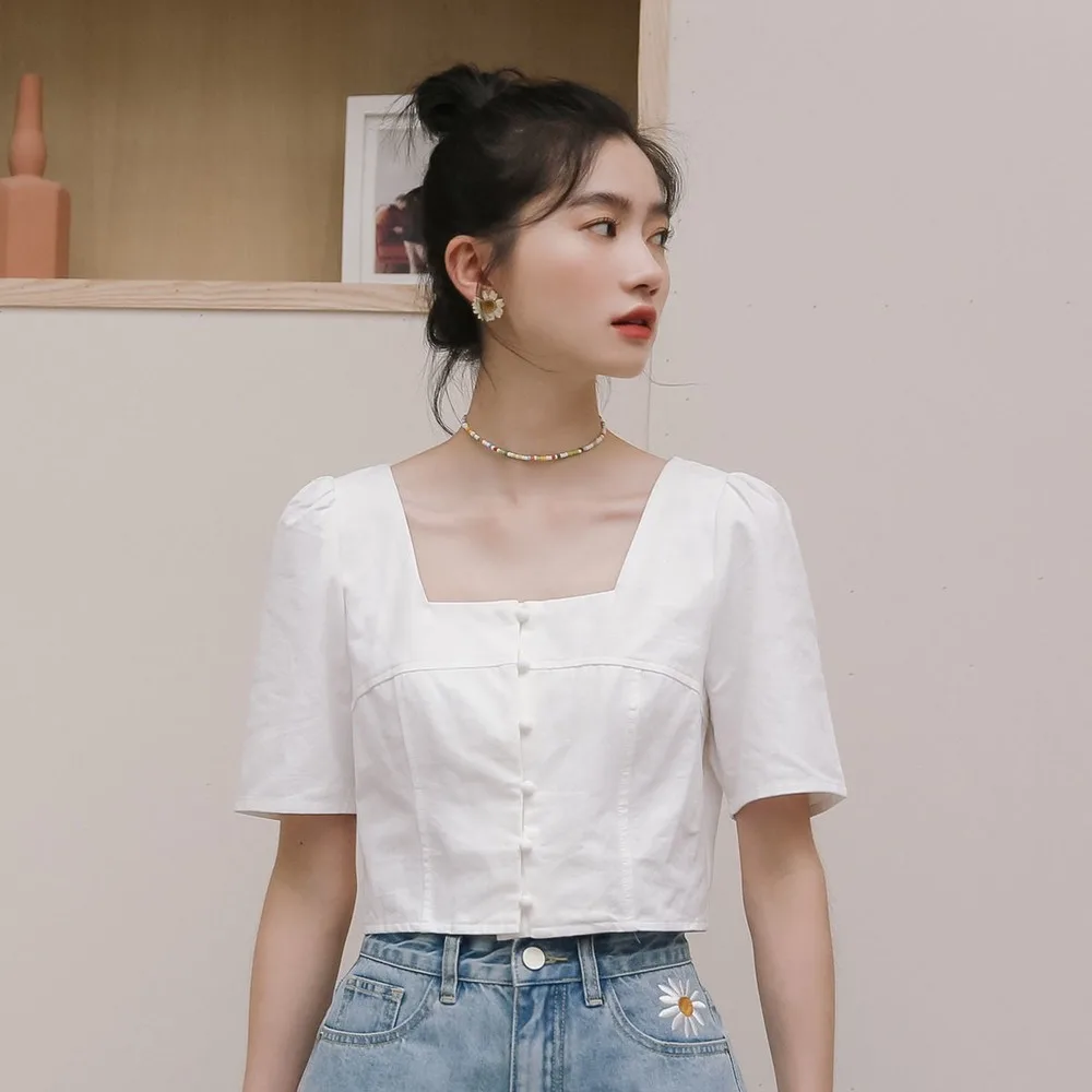 Blouses Women Korean Square Collar Lovely Design College Girls Blouse Slim Single Breasted All-match Sweet Summer Femme Crop Top