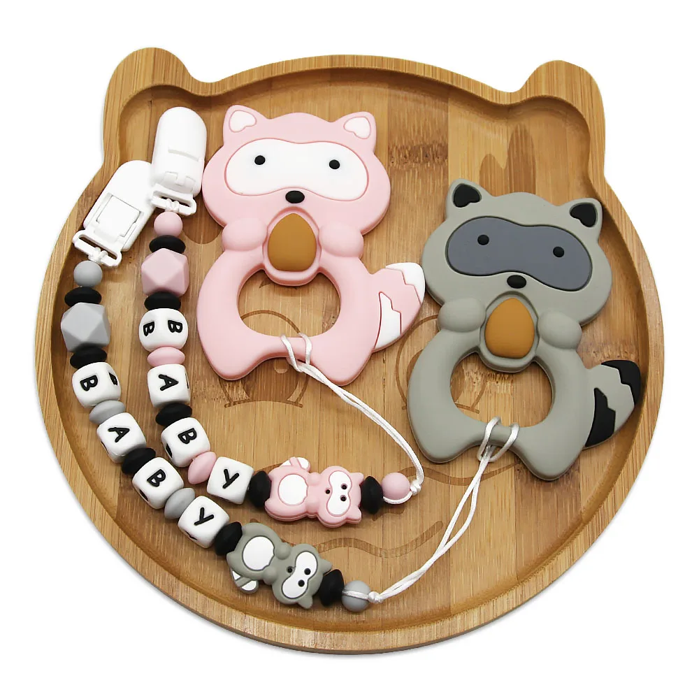 Cute-idea 1set Silicone Raccoon Beads Cartoon Animal Pacifier Chain Handmade Baby Personalized Name Teething Nursing chains Toys