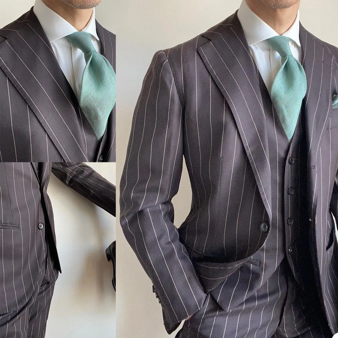 Classic Stripe Mens Tuxedos 3ชิ้น Peaked Lapel เจ้าบ่าวงานแต่งงานชุดสูทอย่างเป็นทางการ Party เอว