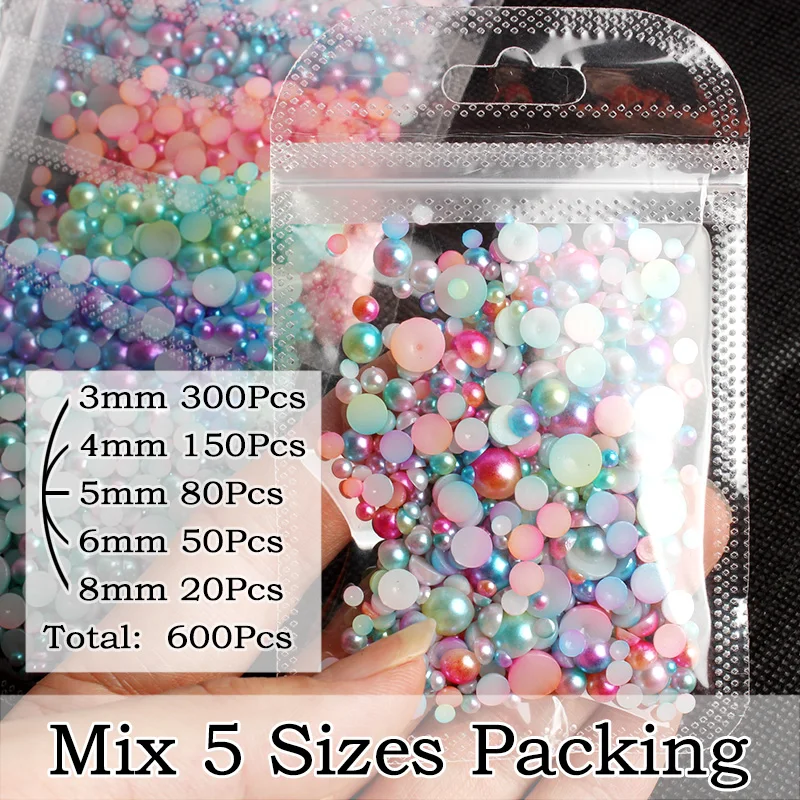 Mixed size 600Pcs/pack ABS Imitation Pearls Half Round Flatback Beads Mermaid AB Nail Art DIY Decoration Makeup Tools