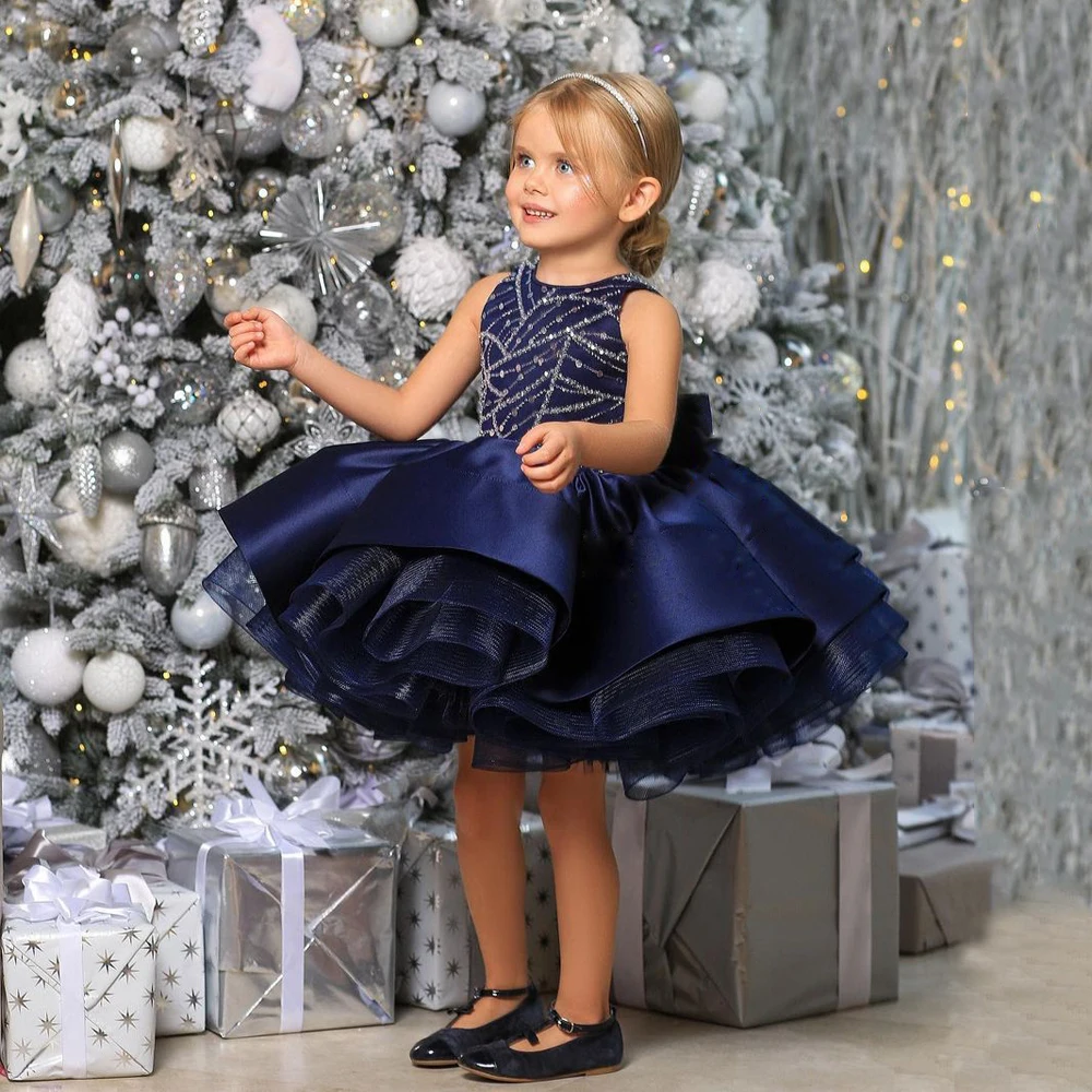 Kids Navy Bloem Meisje Jurk Sparkling Kralen Lovertjes Pageant Jurken Ruches Satijn Kerst Partij Jassen Voor Verjaardag