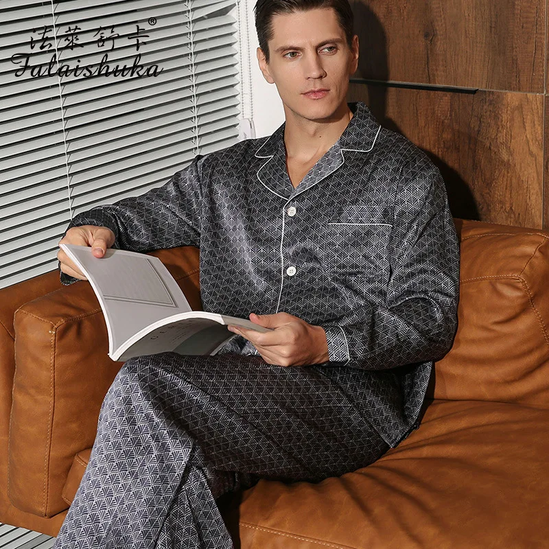 

19 momme 100% natural silk men sleepwear winter new Long sleeve pajama sets men noble Exquisite silky sleepwear men T9078