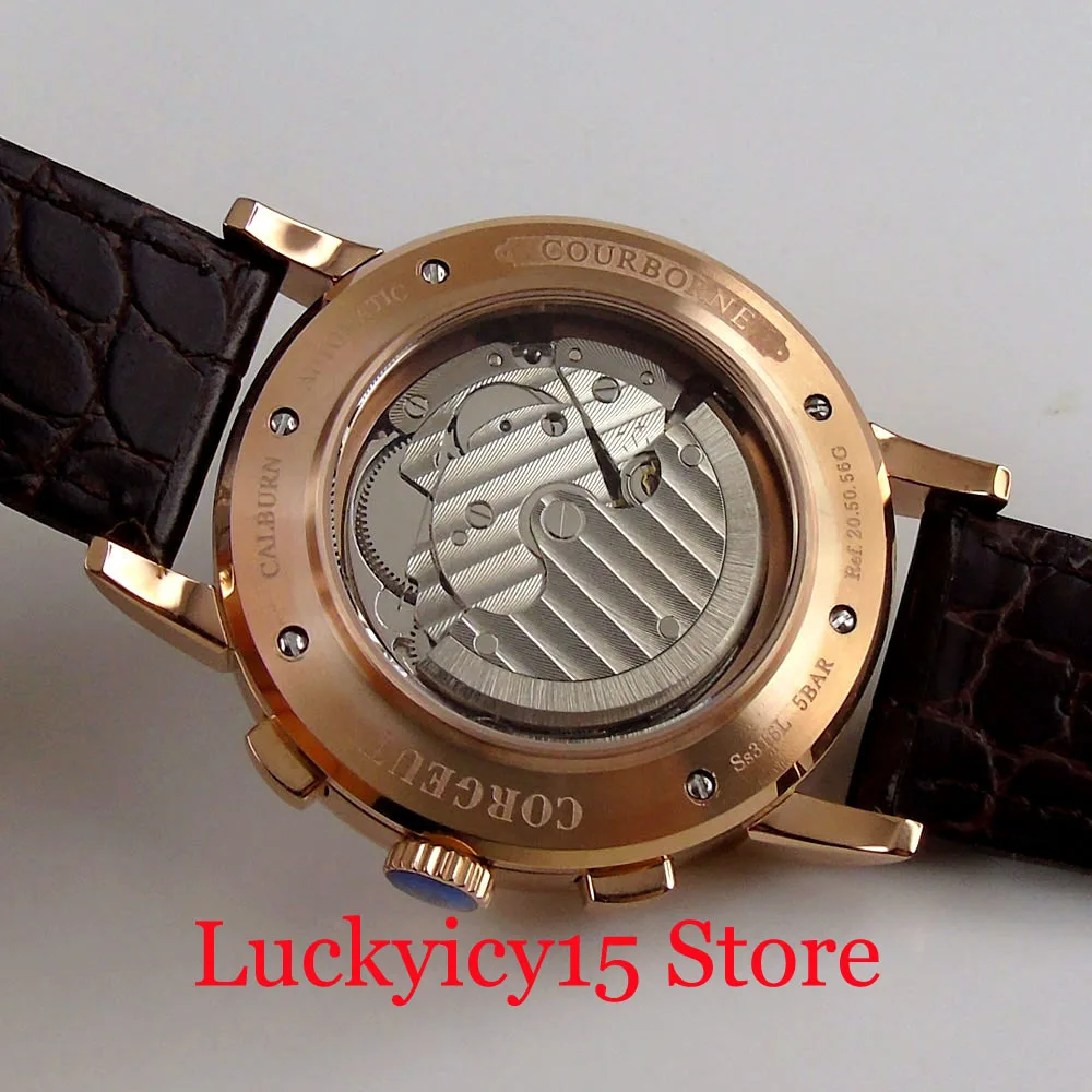 Nuevo CORGEUT 42MM ST1655 movimiento automático para hombres reloj fecha semana año indicador banda de cuero caja de oro rosa pulido