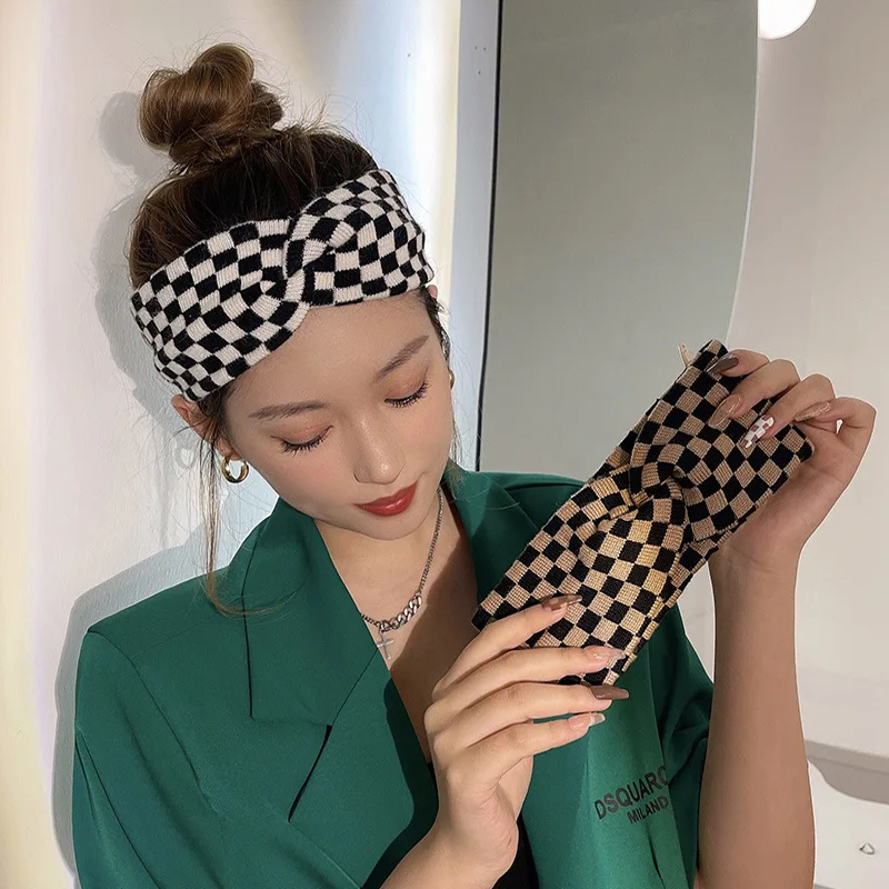 Net Red Matchable Checkerboard Checkerboard Headband Women Daily Wear Tied Hair Headband Simple 2021 New Wash Headwear