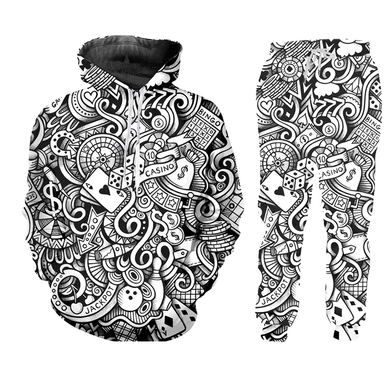 

Black White Poker ZIP Hoodies Suits Men's Sweatshirt Joggers Funny Harajuku 3D Print Set Winter Unisex Tracksuit Pant Jacket