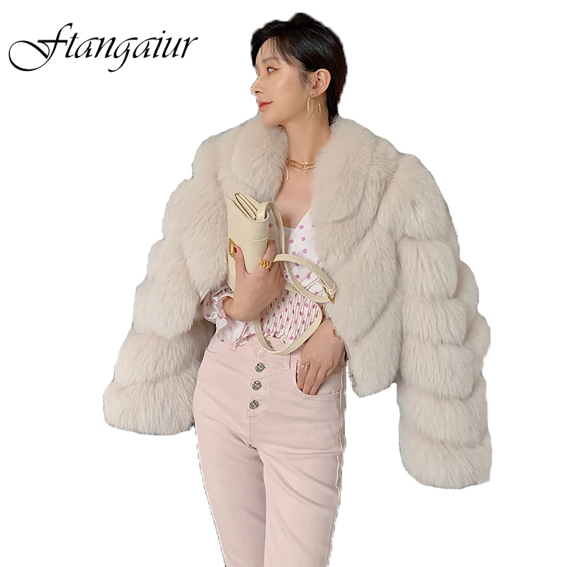 

Ftangaiur New Winter Women Finland Import Fox Fur Coat Weave Whole SkinFemale Fox Coats Long Sleeve Short Natural Fur Coats