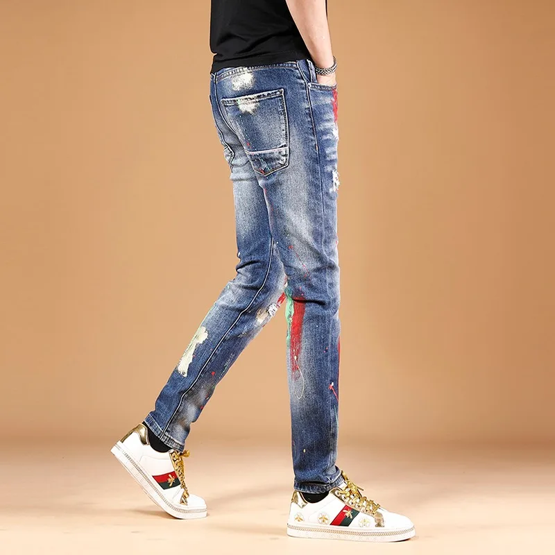 Men Ripped Jeans Streetwear Pants Graphic Printed Patches Blue Jean Homme Fashion Hip Hop Clothing Straight Leg Denim Trousers
