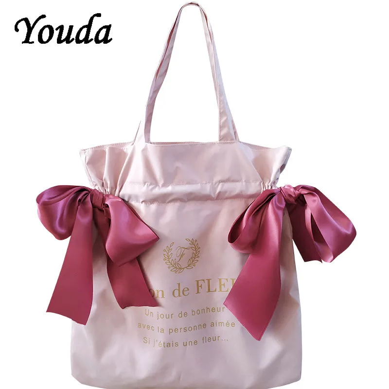 Women's Canvas Shoulder Bag Korean Version Cute Girls Bow Handbag Student Fashion Large Capacity Reusable School Bags Shopping