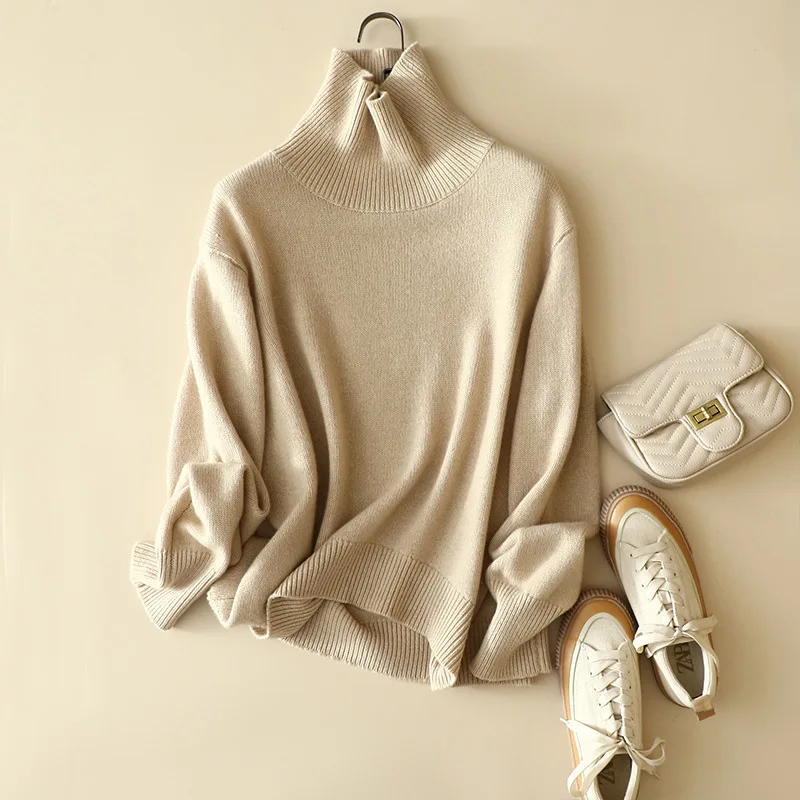 

oversized 100% cashmere turtleneck sweater women's fashion europe relaxed knitwear winter thick warm chic jumper tops