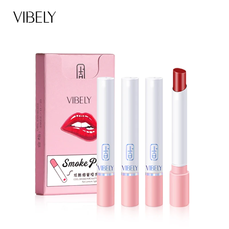 VIBELY Matte Lipstick Set Tube Smoke Lipstick Waterproof 24h Long-Lasting Lip Stix Sexy Female Cute Beauty Makeup Products Mekup