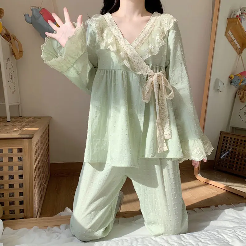 Fairy V-neck Lace Spring Pajama Sets Women Sashes Kimono Designed Loose Elegant Tender Stylish Chic Japan Sleepwear Lounge Ins