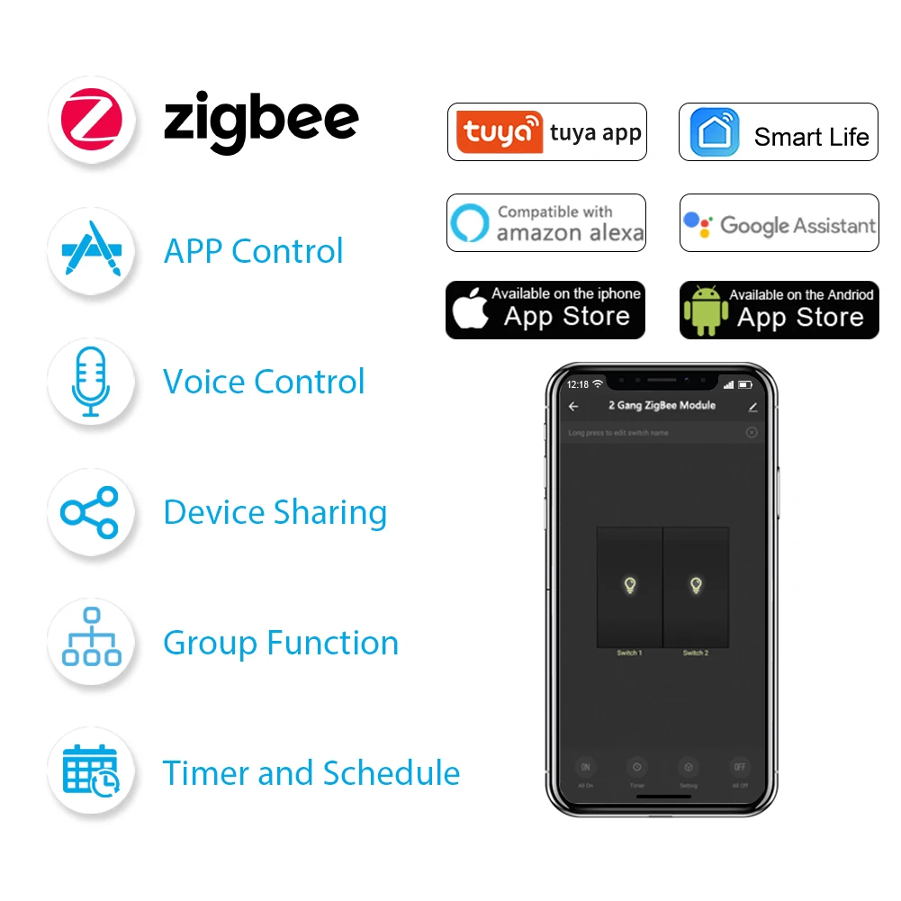 Módulo de relé com interruptor de 2 gang zigbee, funciona com tuya smart life, google home, alexa, app, temporizador, automação de casa, mqtt