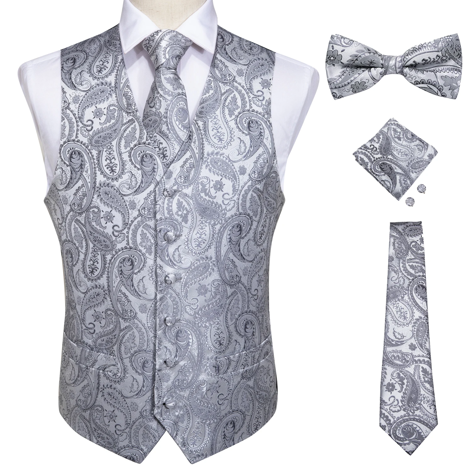 Mens Classic Silver Paisley Folral Silk Waistcoat Vests Wedding Handkerchief Necktie Suit Vest Set Sleeveless Jacket DiBanGu