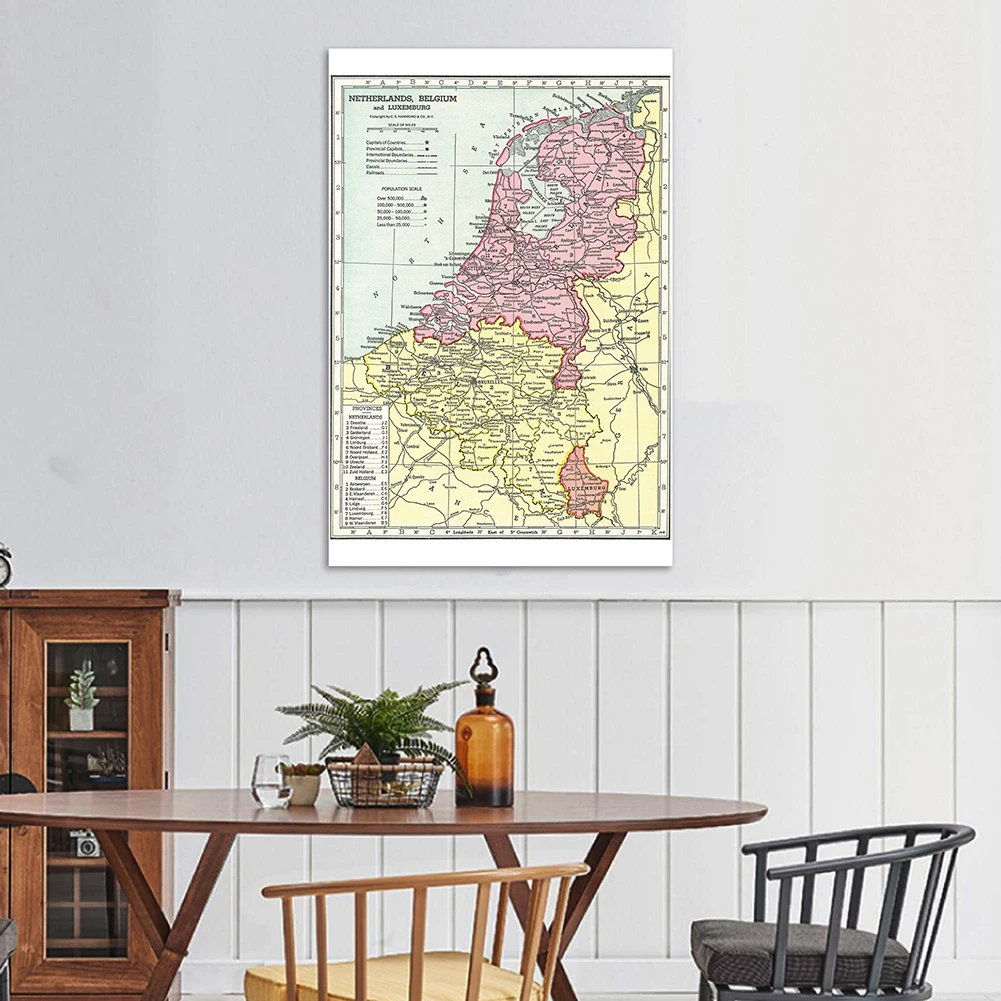 100*150Cm Vintage Kaart Van De België En Nederland S In 1938 Wall Art Poster Spray Canvas Schilderij home Decor Schoolbenodigdheden