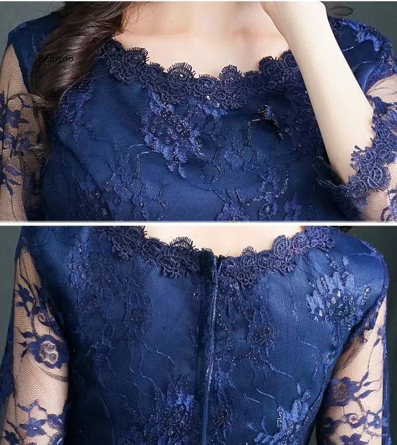 Navy Blue Womens Lace O-Neck Evening Party Dress Luxury Slim Wedding Gown Fashion Sexy Long Cheongsam Clothes Vestido