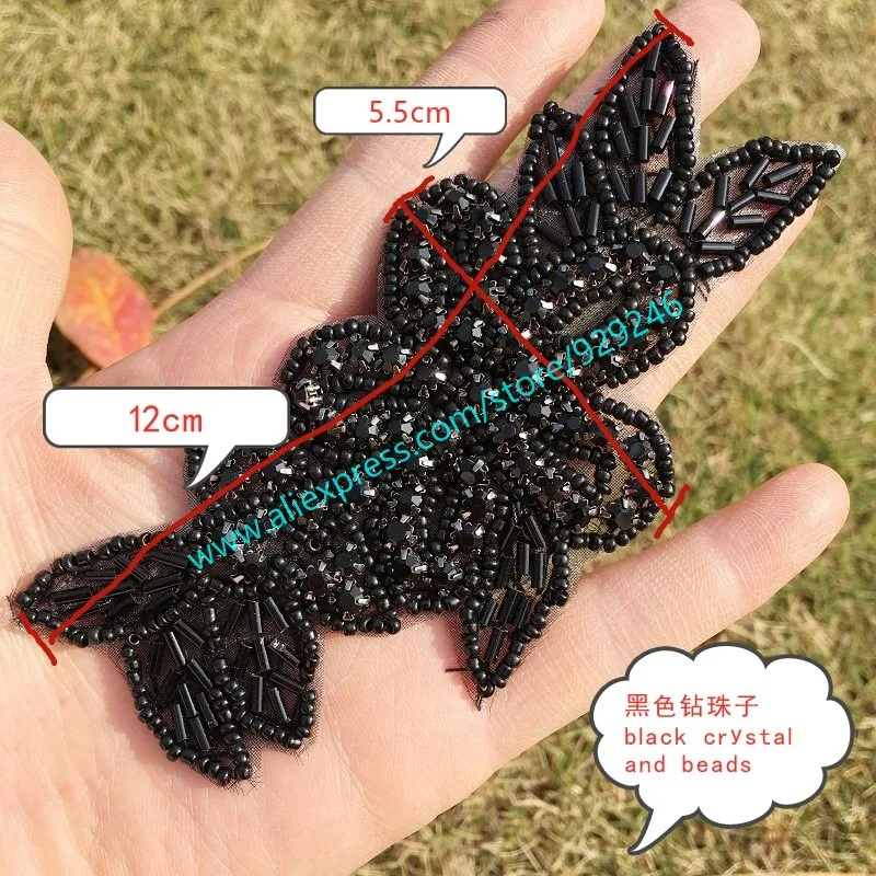 black crystal beads trims for sweaters dress ornaments fashion flower appliques hotfix motif for dress coat garments accessory