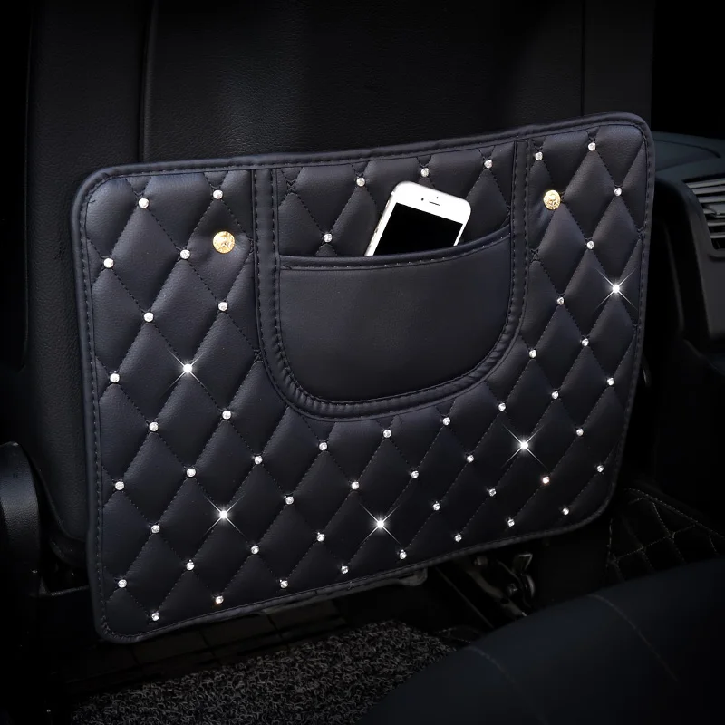 Rhinestones Leather Car Seat Back Cover Protector Crystal Auto Anti-kick Pad Wear-proof Mat Anti-Dirty Mat For Children