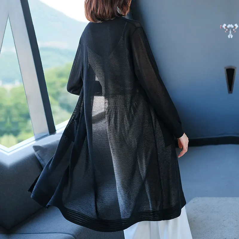 

Women Summer Cardigan Long Knitwear Solid Color Knit Outwear Thin Cardigan