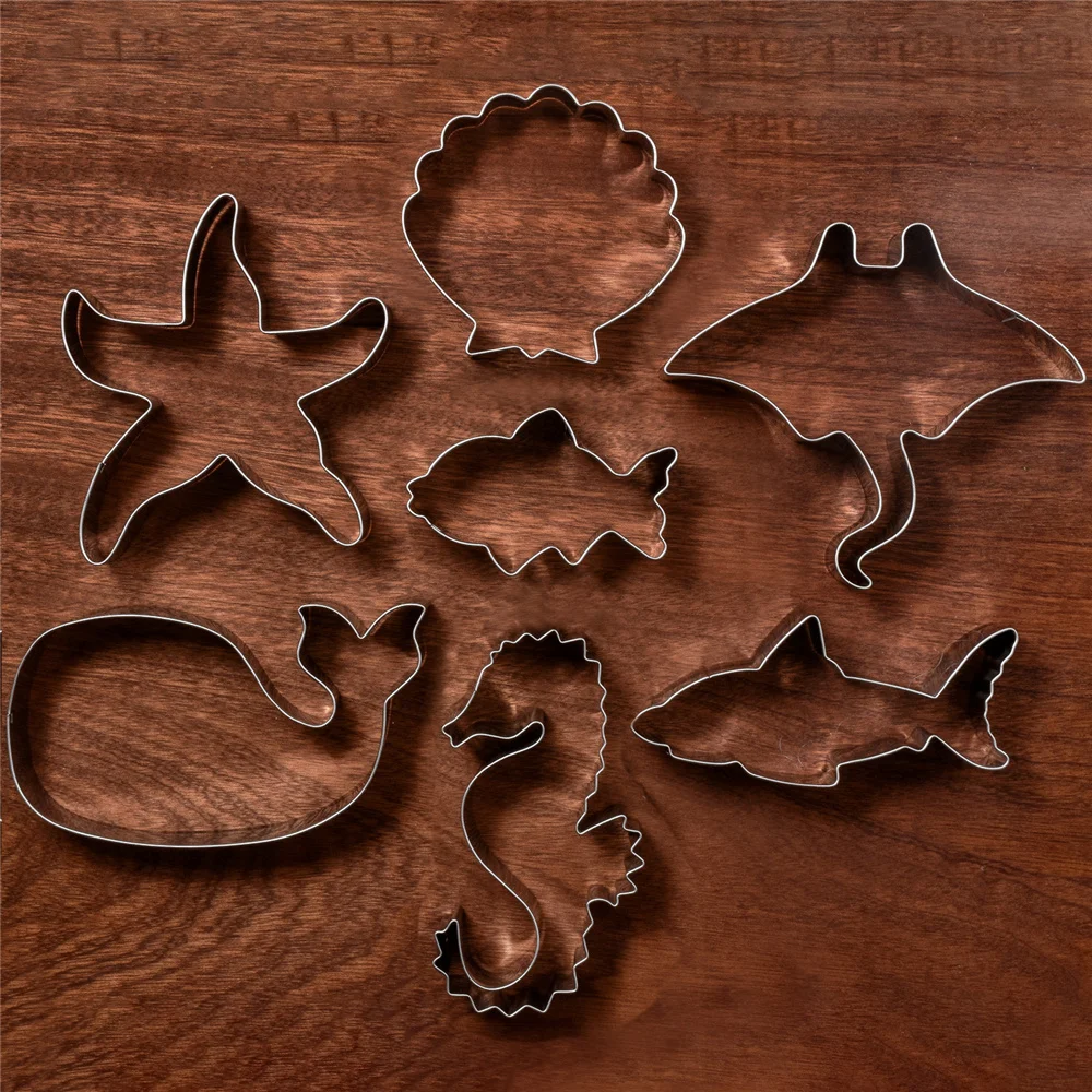 KENIAO Ocean Creatures Cookie Cutter Set - 7PC - Whale Shell Shark Starfish Seahorse Manta Biscuit Bread Mold - Stainless Steel