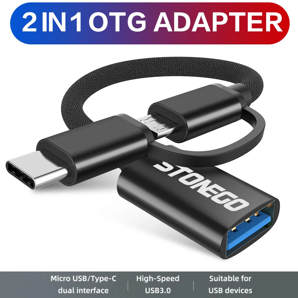 STONEGO 2 in 1 OTG Adapter Cable Nylon Braid USB 3.0 to Micro USB Type C Data Sync Adapter for Huawei for MacBook U Disk OTG