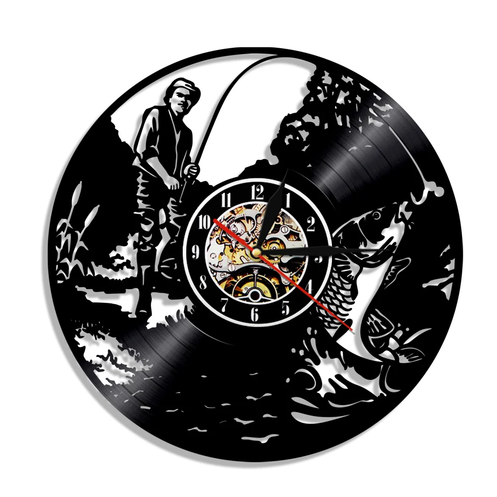 Fishing Fishmen Silhouette Shadow Art Decorative 3D Wall Clock Modern Design Vinyl Record Hanging Watches Gift For Fishing Lover