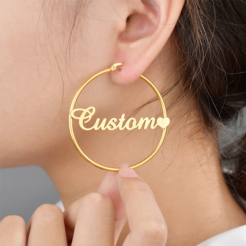 Goxijite High Quality Personalized Name Earring For Women Stainless Steel Custom Diameter 50mm Circle Name Earrings Party Gift