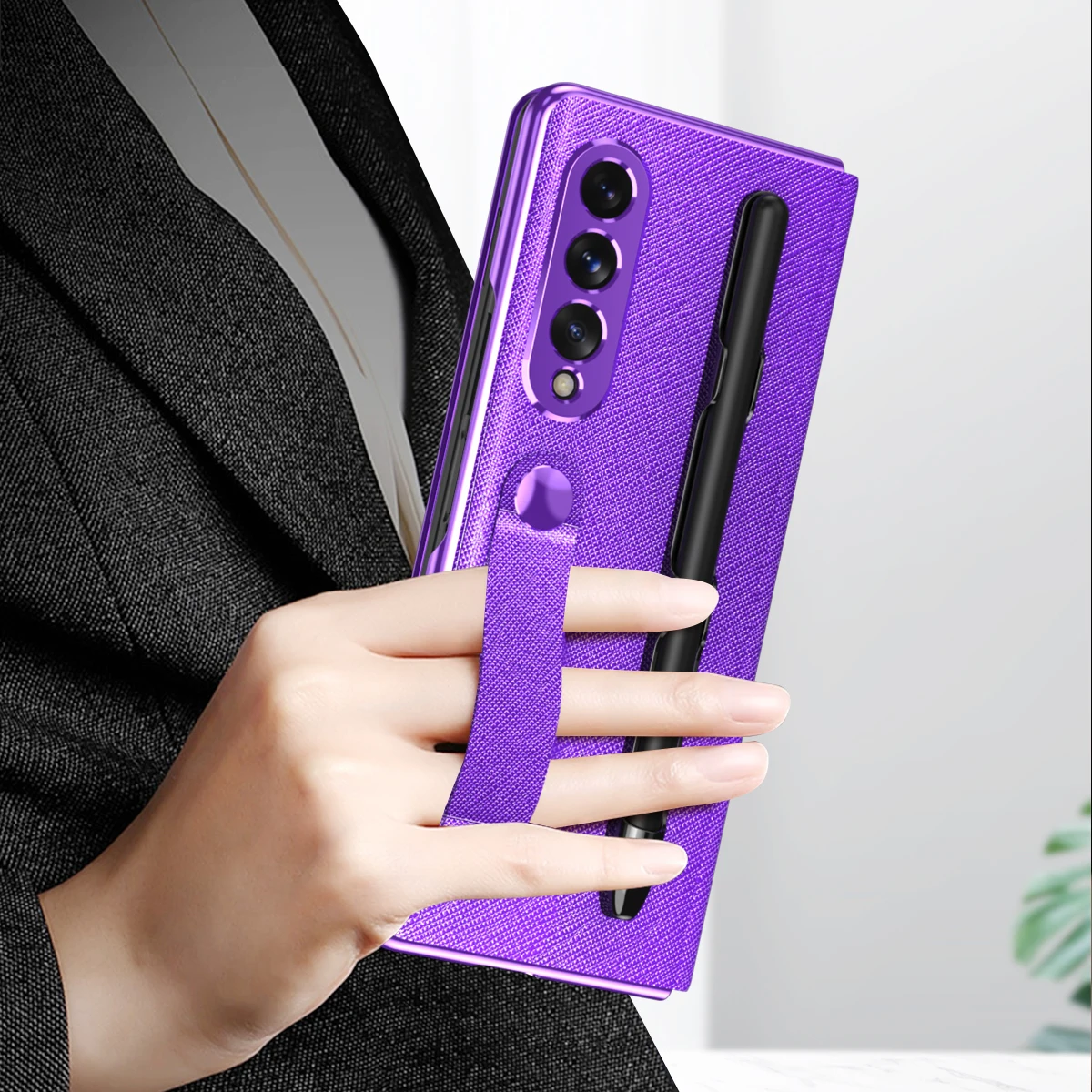 Electroplating Mirror Case For Samsung Galaxy Z Fold 3 5G Grip Hand Strap With S Pen Slot For Samsung W22 360 Full Protective