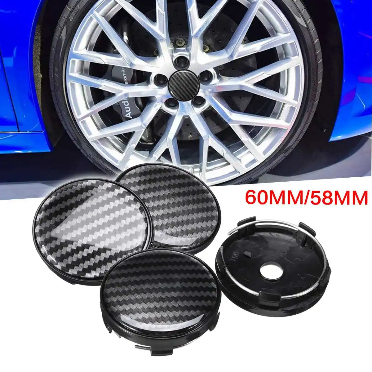 4pcs Carbon Fiber Racing 58mm 60mm Wheel Center Hub Caps Black Wheel Dust-proof Covers Label Car Styling Auto Accessories