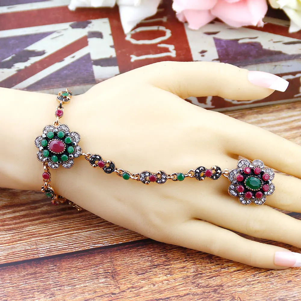 Sunspicems Retro Vintage Flower Charm Bracelet Link Ring for Women Crystal Hand-Back Chain Turkish Ethnic Wedding Jewelry