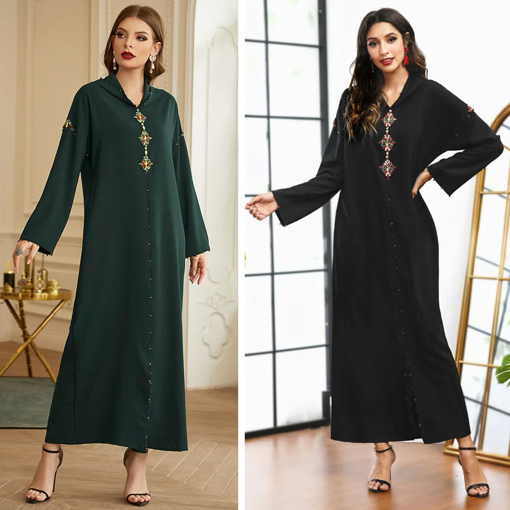 

Abayas Muslim Luxury Women's Long Dress Rhinestone Party Evening Hooded Islamic Robe Turkish Dubai Caftan Jalabiya Middle East