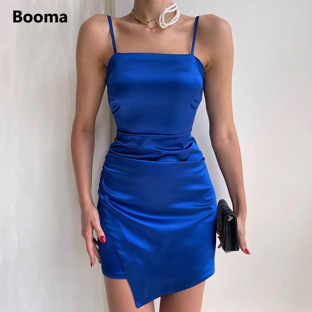 Booma Royal Blau Satin Cocktail Kleider 2021 Spaghetti-trägern Mini Clubbing Kleid Sexy Geraffte Spalte Formale Party Kleider