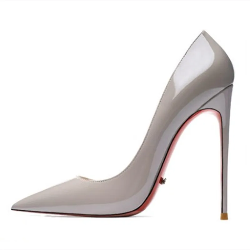 

Elegant Gray Women High Heeled pumps Bright Red Bottom Heel Summer Shoes Shallow Thin Heels Stilettos Genuine Leaher