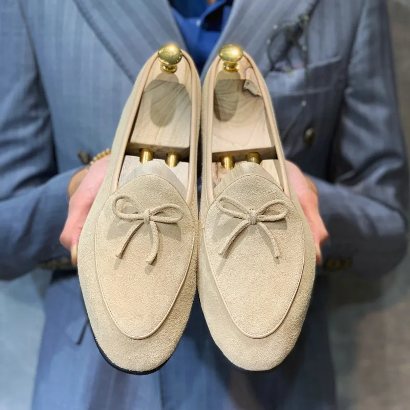 England Style Cow Suede Shoes Men Brand Business Tassel Formal Loafers Height Increasing Low-Top Boat Shoes Khaki Mocasines