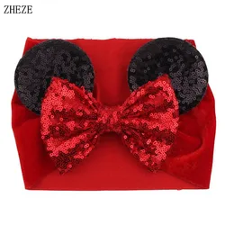 Trendy 5'' Sequins Bow With 3''Mouse Ears Headband For Girls Glitter Headwear Soft Velvet Hair Accessories Headwarp