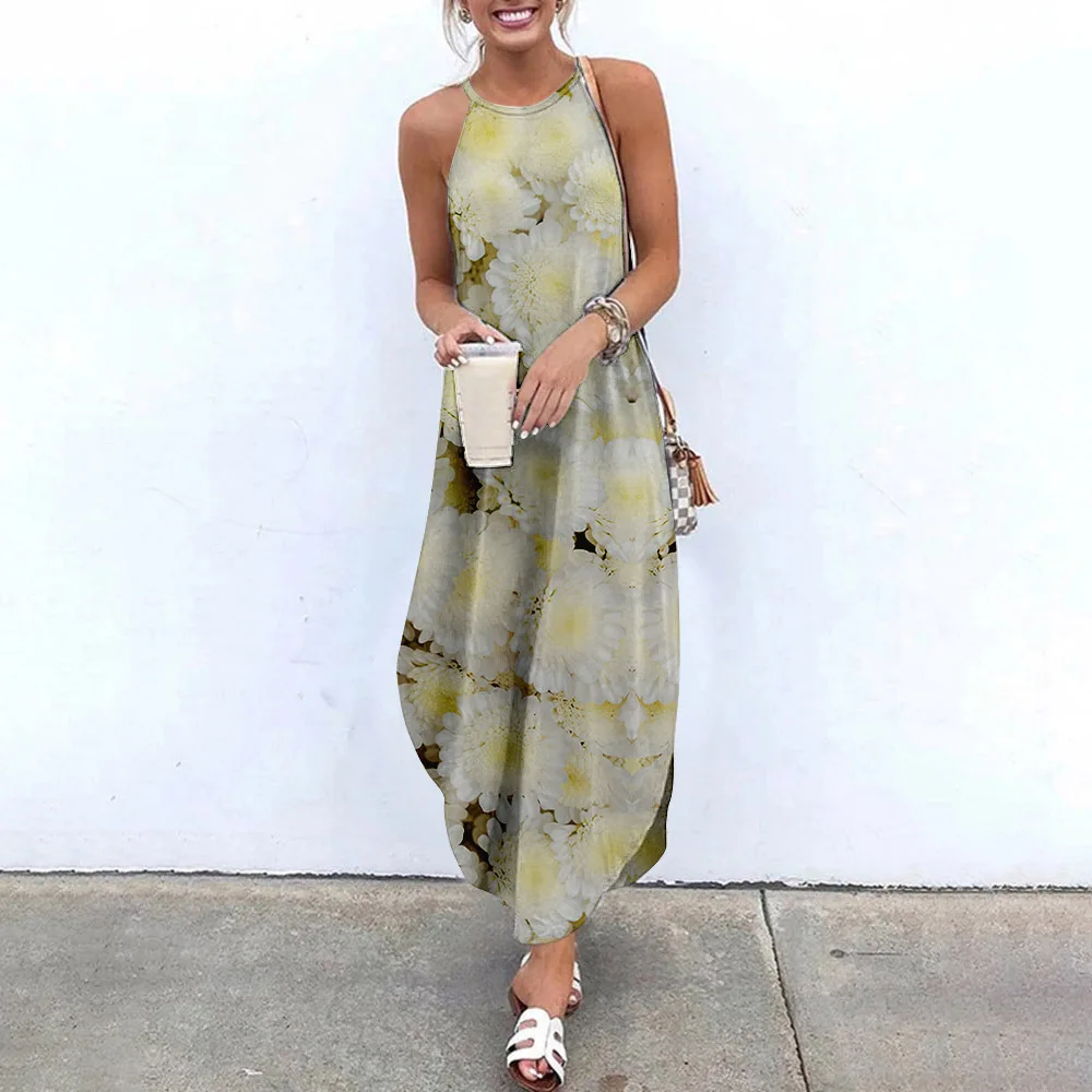 

Maxi Dresses Sexy Sleeveless Women Floral Printing Causal Style Halter Summer Beach Dress Asymmetric Ladies Sling Long Dresses