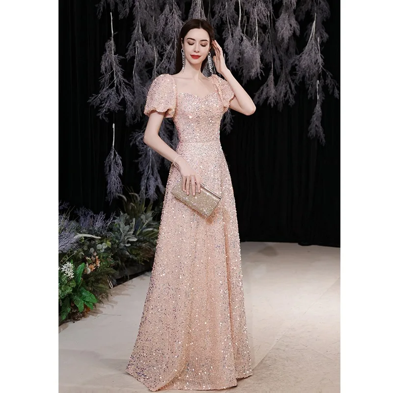 

Coral Pink Sequins Evening Dress Short Sleeves New A-Line Puff Sleeve 2024 New Formal Party Pageant Prom Celebrity Dresses